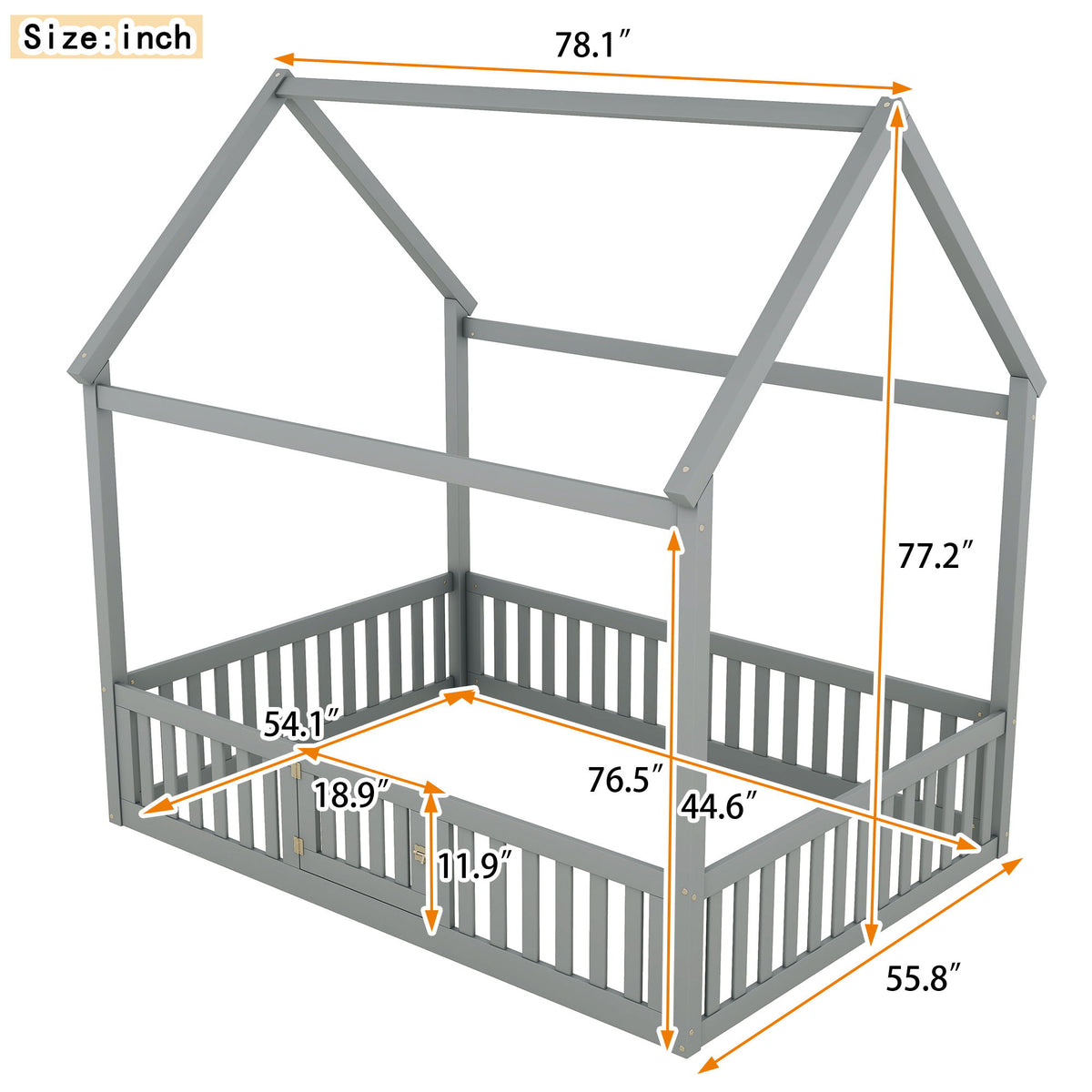 Wood House Bed With Fence And Door