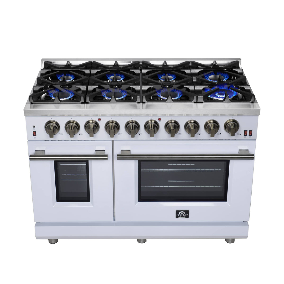 Forno Appliances - 48 in. Wide 8 Burner Massimo 6.58 Cu. Ft. Freestanding True Convection Gas Range with Air Fryer Kit, Wok Support - White