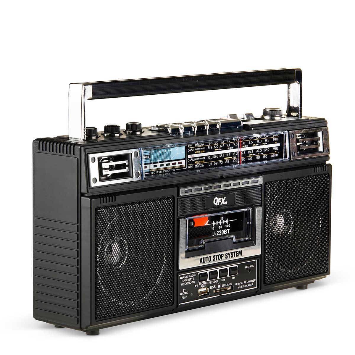 QFX - Rechargeable Cassette AM/FM/SW1-2 Radio Bluetooth Boombox with USB Recording - Black