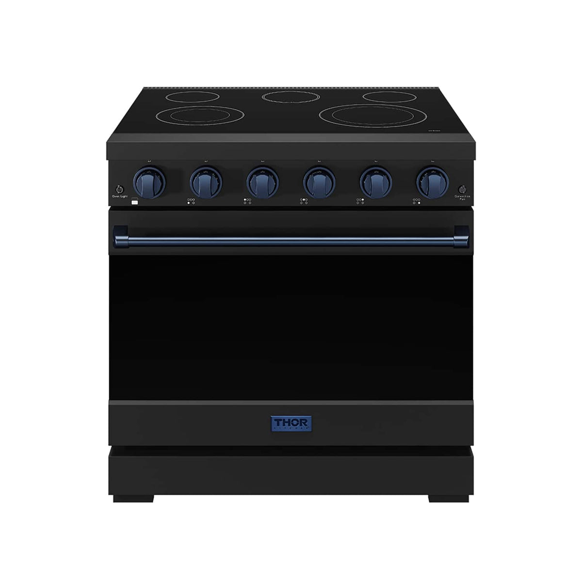 36 in. Wide 5 Elements Gordon Ramsay Series by Thor Kitchen 6.0 Cu.Ft Freestanding Electric Range with Navy Blue Handles - Black