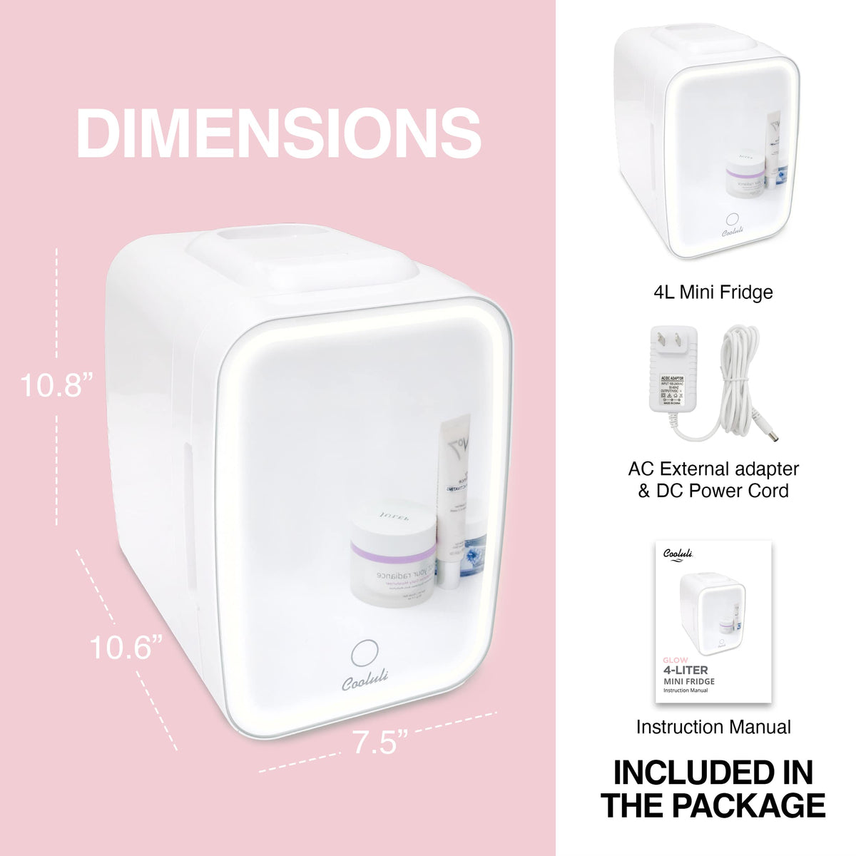 Cooluli - Glow Beauty 4L Mini Fridge with Mirror LED - White