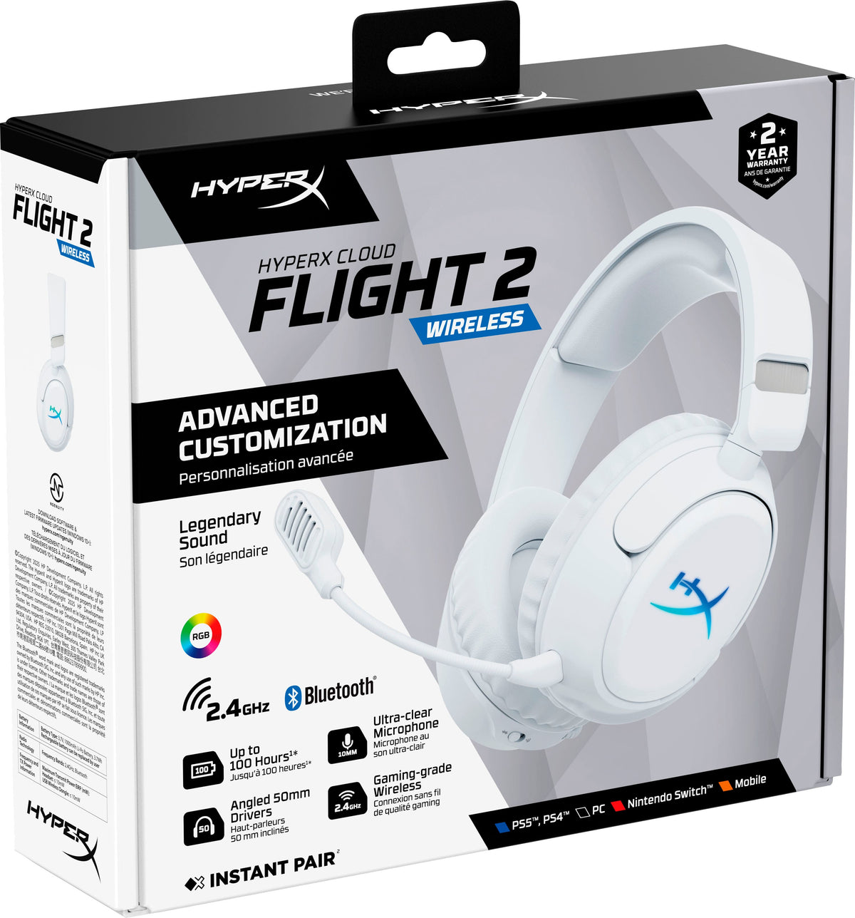 HyperX - Cloud Flight 2 Wireless Gaming Headset for PC, PS5, PS4, Nintendo Switch, Mac, Mobile, and Bluetooth - White