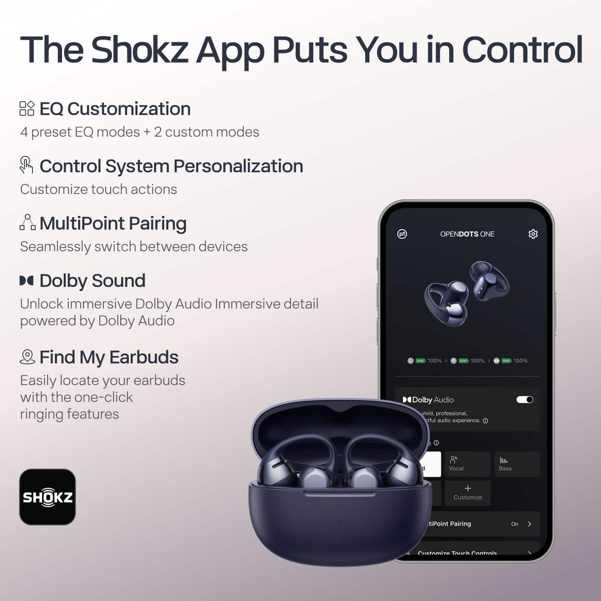 Shokz - OpenDots ONE Open-Ear Clip-On True Wireless Bluetooth Earbuds - Midnight Blue
