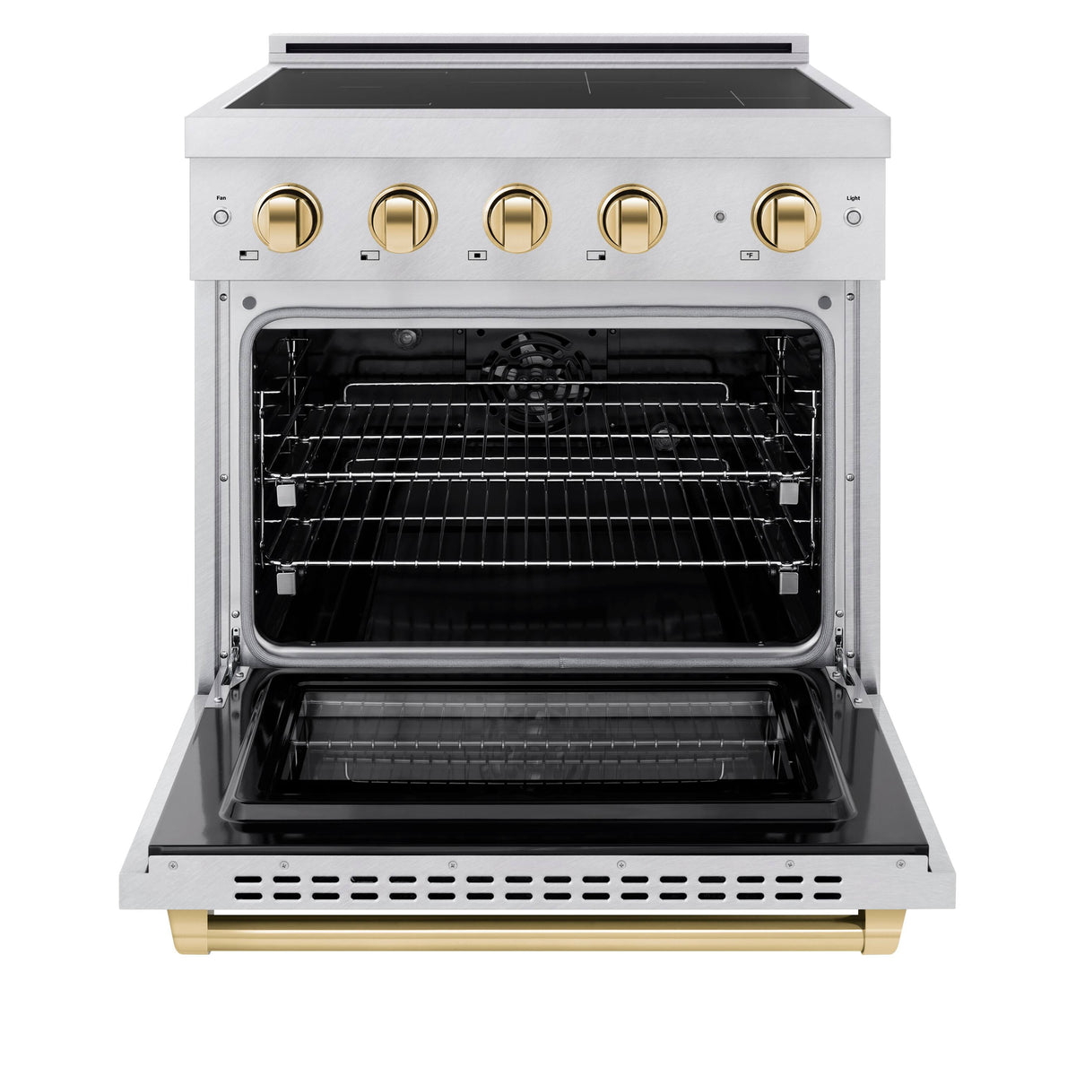 ZLINE - 30 in. Wide 4 Elements Autograph 4.2 cu. ft. Paramount Freestanding Induction Range in Satin Steel with Gold Accents - Satin Stainless Steel