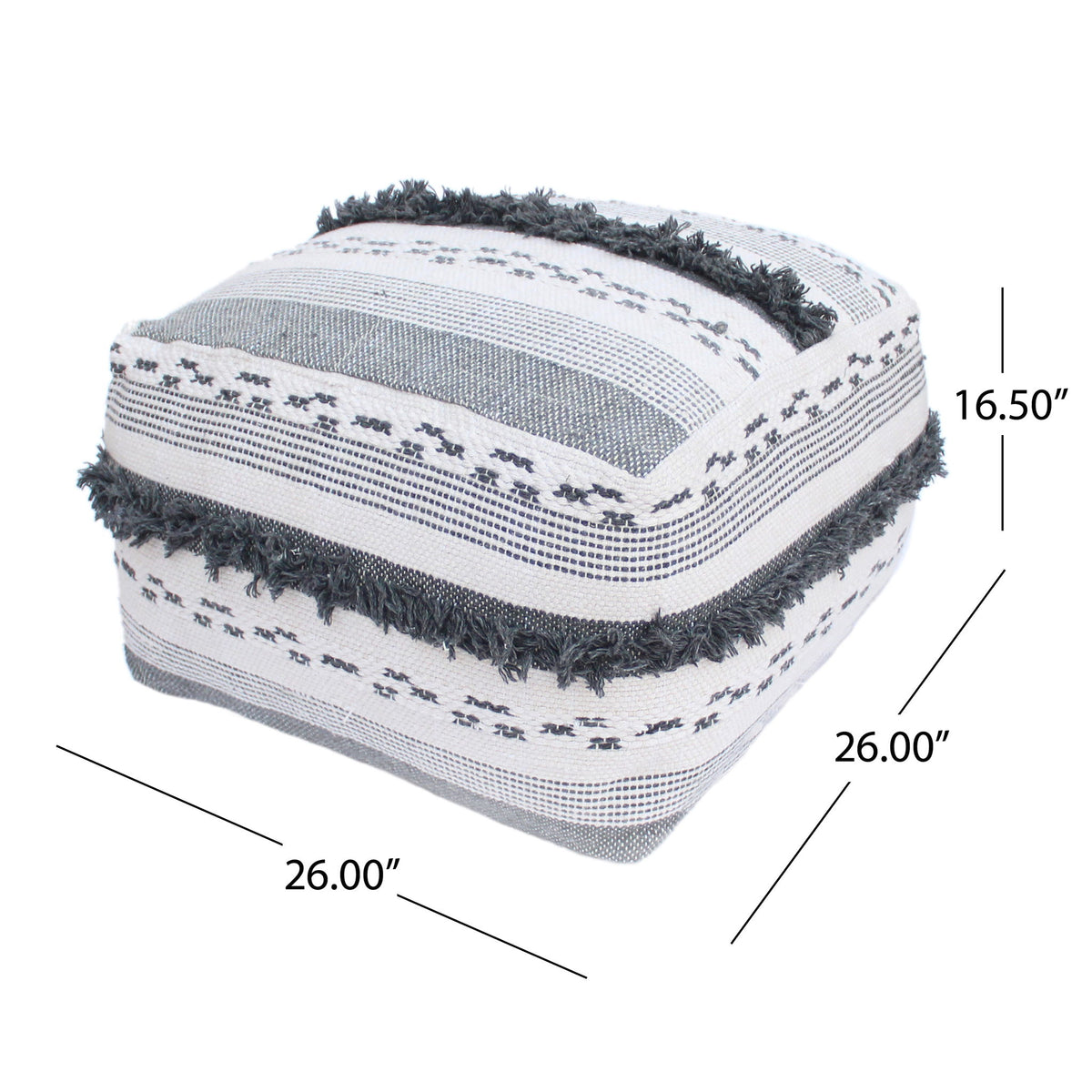 Karim - Faux Yarn Large Pouf, Durable - Ivory / Gray