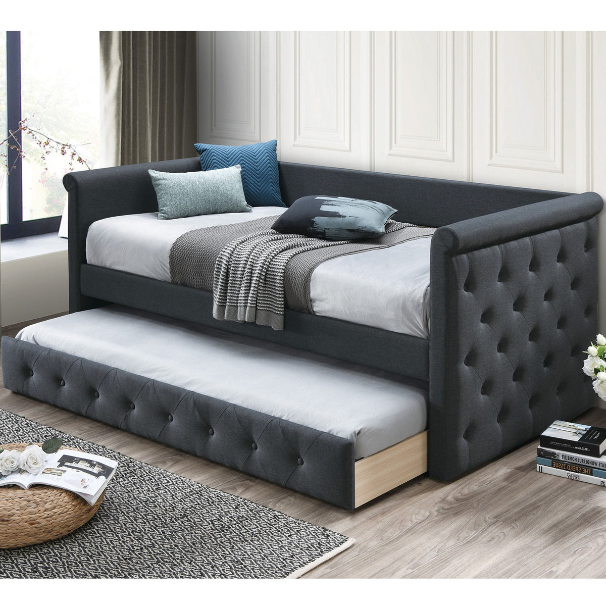 Sofá cama contemporáneo con capitoné de botones y nido de láminas
