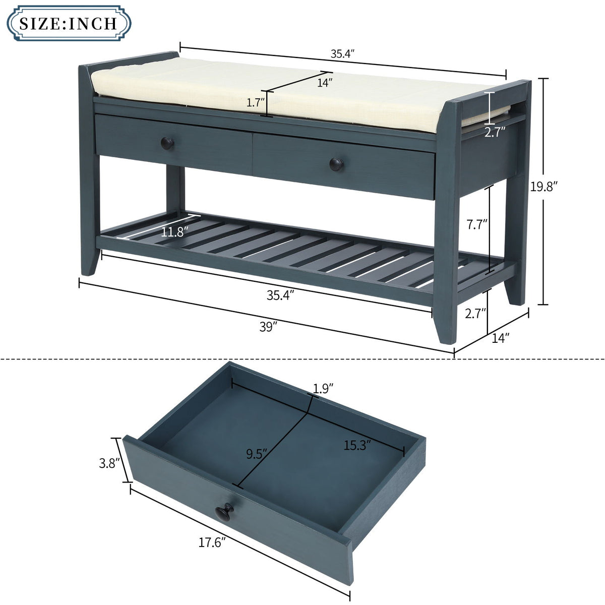 Multipurpose Entryway Shoe Rack With Cushioned Seat And Drawers
