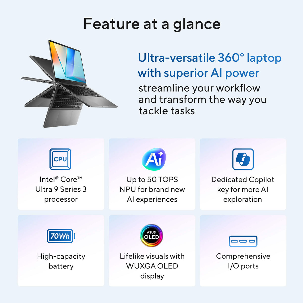 ASUS - Vivobook 14 Flip 14" 2K OLED Touch Laptop - Intel Core Ultra 9 386H - 32GB RAM - 1TB SSD - Copilot+ PC - Matte Gray