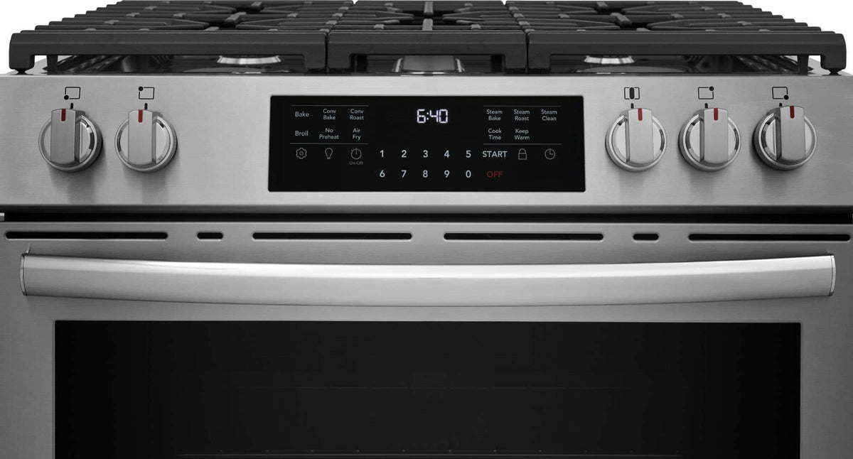 Frigidaire - Gallery 30 in. Wide 5 burners 5.1 Cu. Ft. Slide-in Gas Total Convection Range with Air Fry and Steam Clean - Stainless Steel