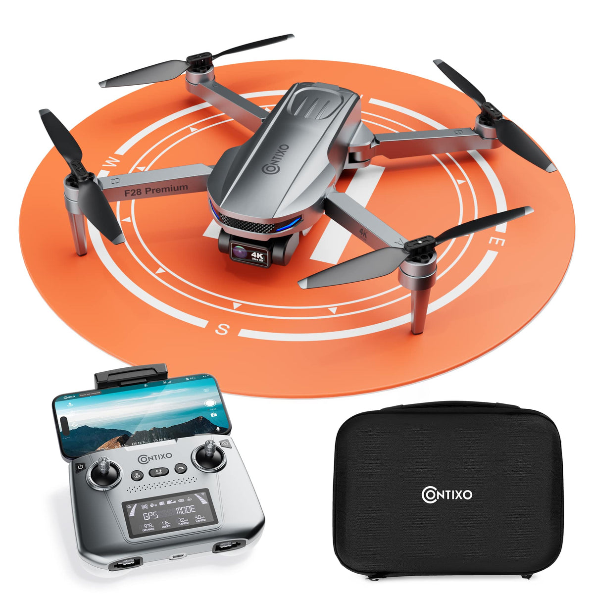 Contixo - F28 Stratus Max 4K GPS Drone with Intelligent Flight Modes, 26-Min Flight, Brushless Motors & Carrying Case - Gray