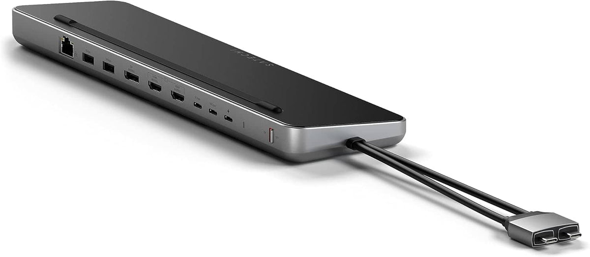 Satechi - Dual Dock with NVMe SSD enclosure – USB-C PD (75W), 2 USB-C data, 2 HDMI 2.0, 1 DisplayPort 1.4, 2 USB-A, Ethernet - Space Gray