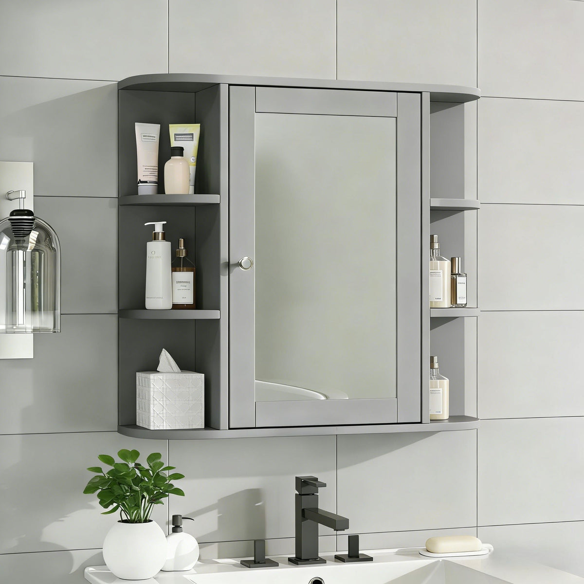 Armario de pared para baño con espejo y estante ajustable, 6 estantes abiertos