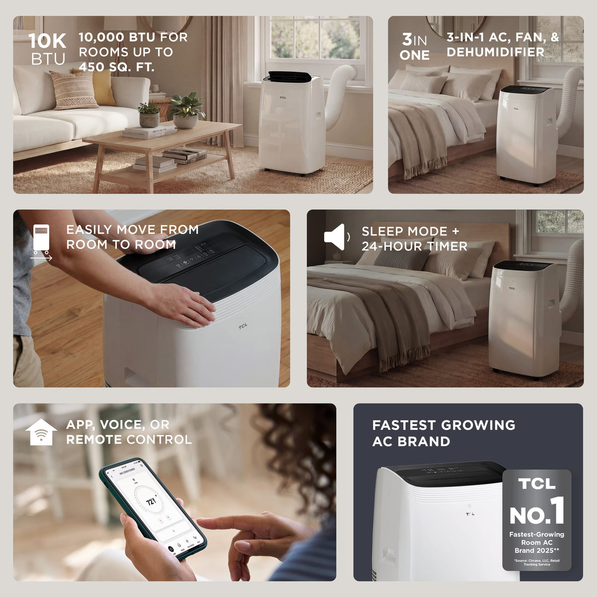 TCL - 450 Sq. Ft. 10,000 BTU Smart Portable Air Conditioner 3-in-1 with AC, Fan & Dehumidifier - White