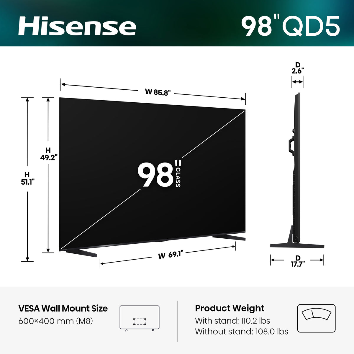 Hisense - 98" Class QD5 Hi-QLED Series 4K UHD Smart Roku TV (2026)