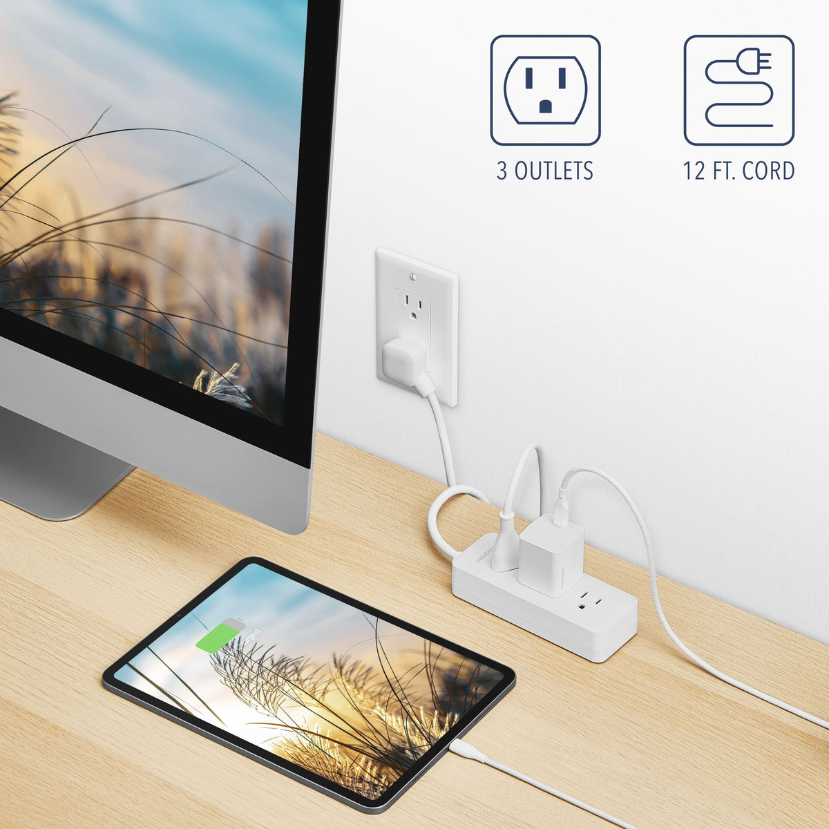 Insignia™ - 12’ 3 Outlet Power Strip - White