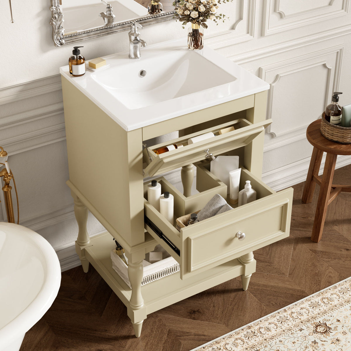 Tocador de baño de diseño retro con lavabo y gabinete de almacenamiento de 2 cajones