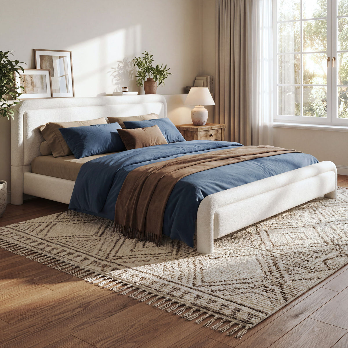Base de cama tapizada con cabecero curvo, soporte de listones de madera