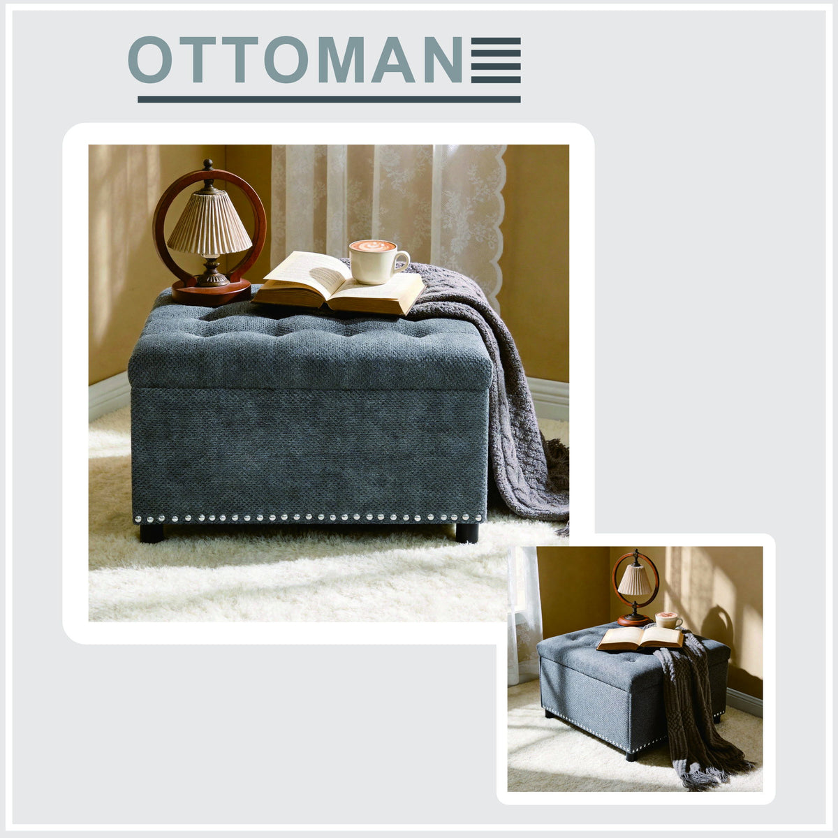 Otomana cuadrada con botones y borde de tachuelas