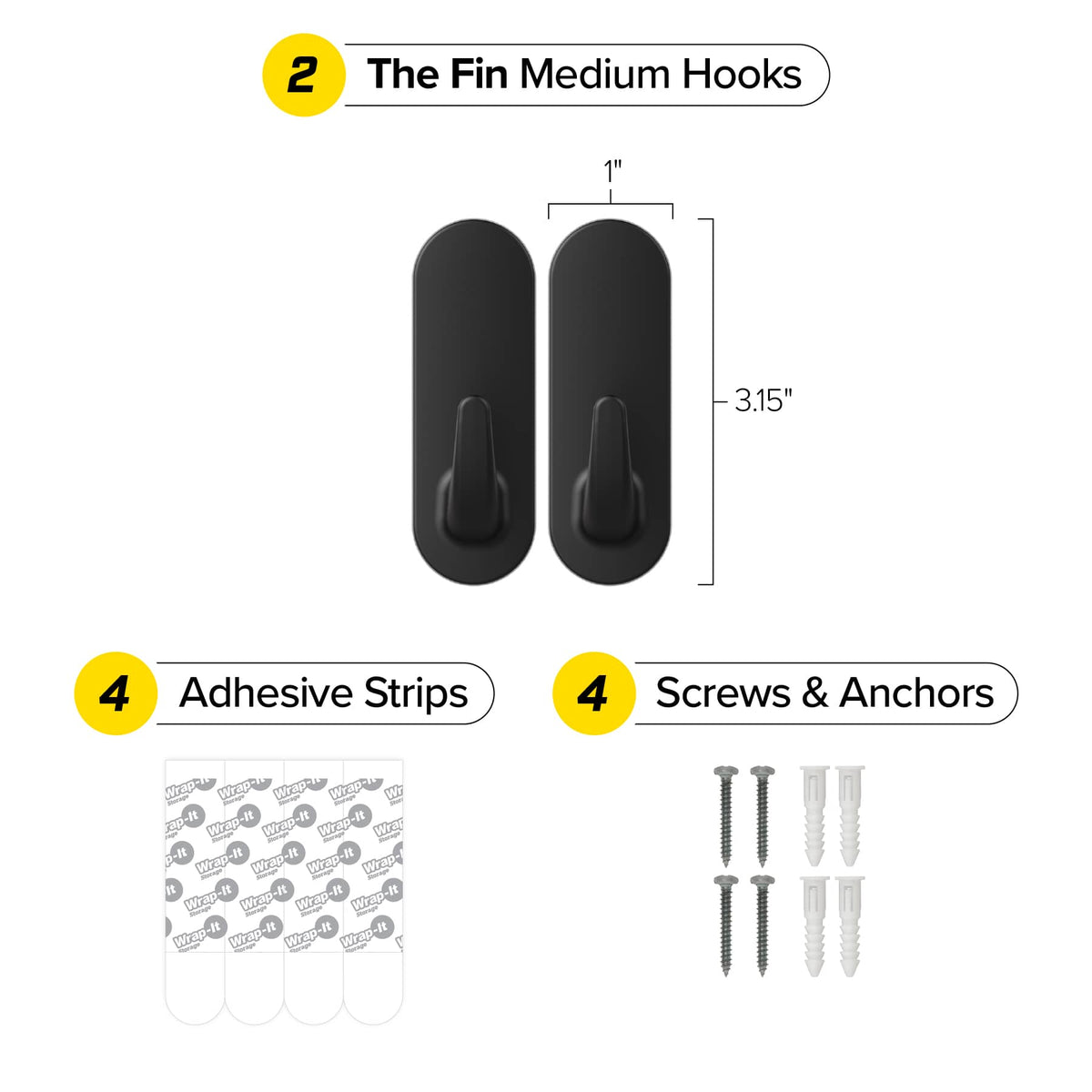 Wrap-It Storage - Handy Hooks 2-Pack Fin Medium - Black