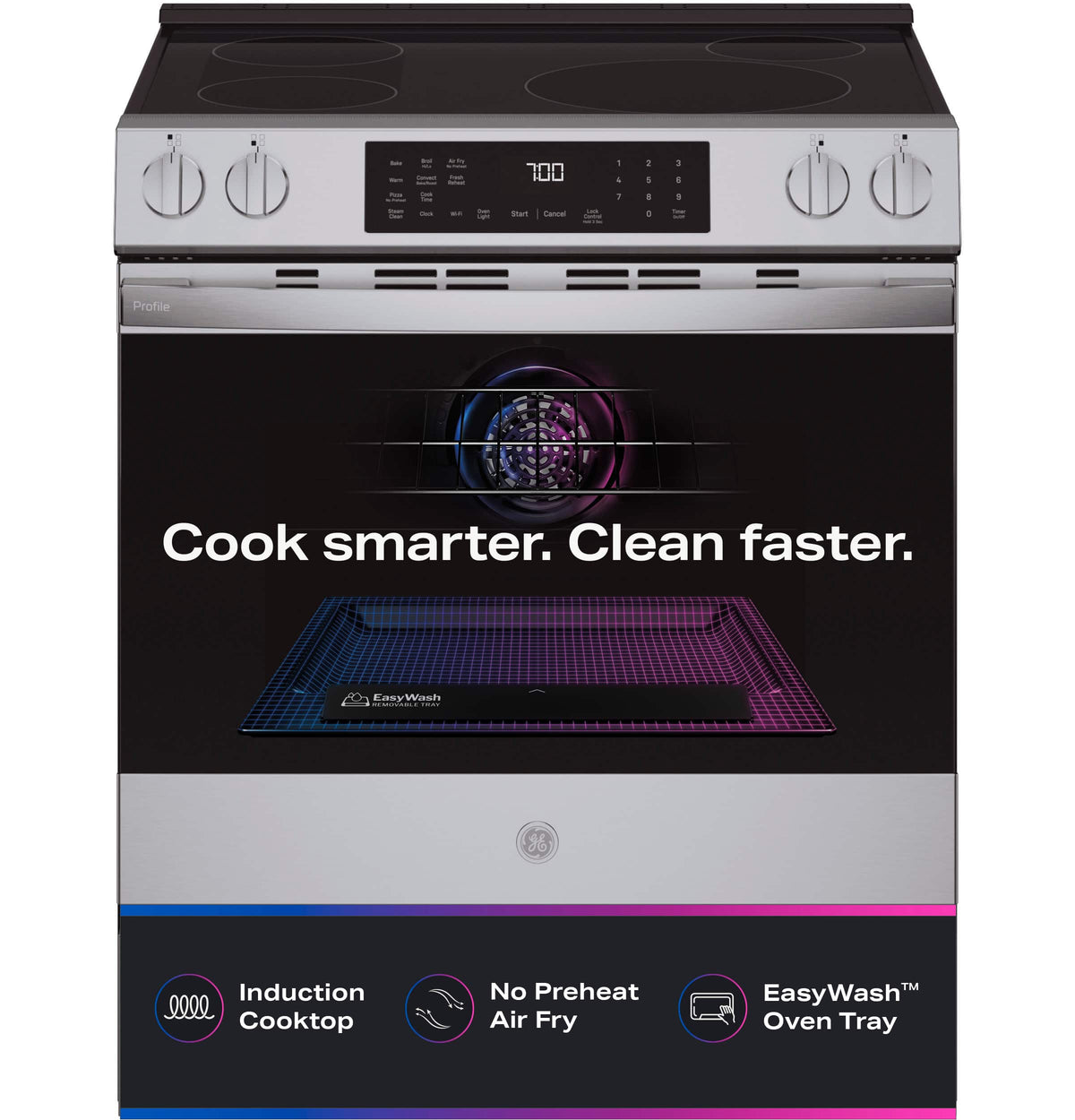 GE Profile - 30 in. Wide 4 Elements 5.3 Cu. Ft. Slide-In Electric Induction Convection Range with Air Fry and EasyWash Oven Tray - Stainless Steel