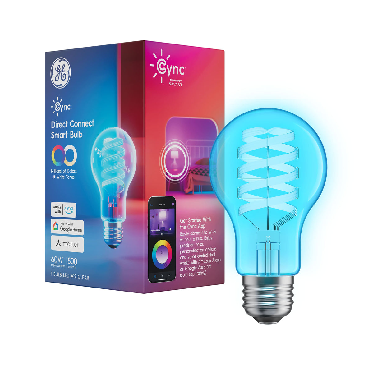 Cync - Direct Connect Clear A19 60W Smart LED Bulb (1-Pack) - Full Color