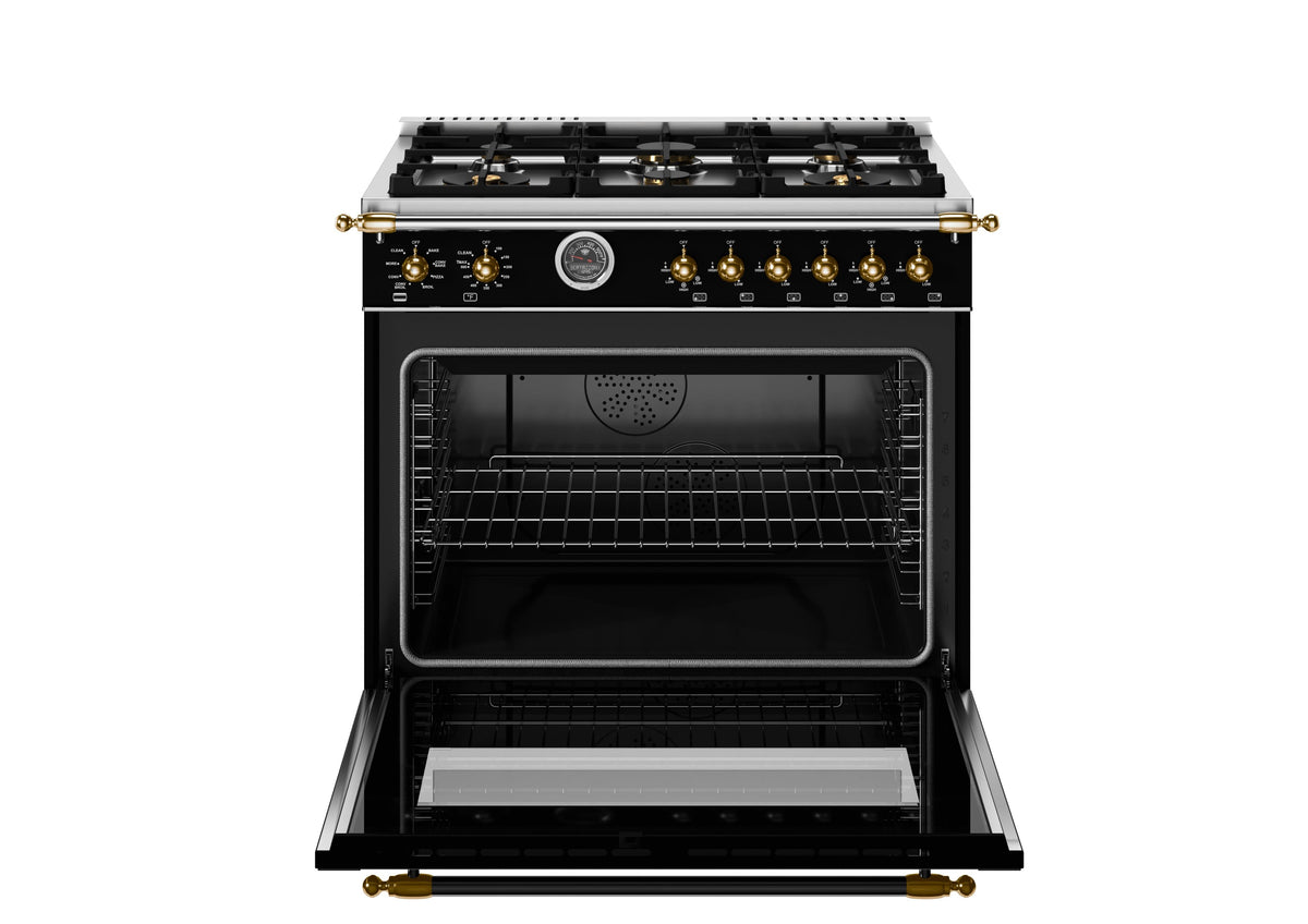 Bertazzoni - 36" Heritage Series Dual Fuel Range - Nero Matt/Gold - Black