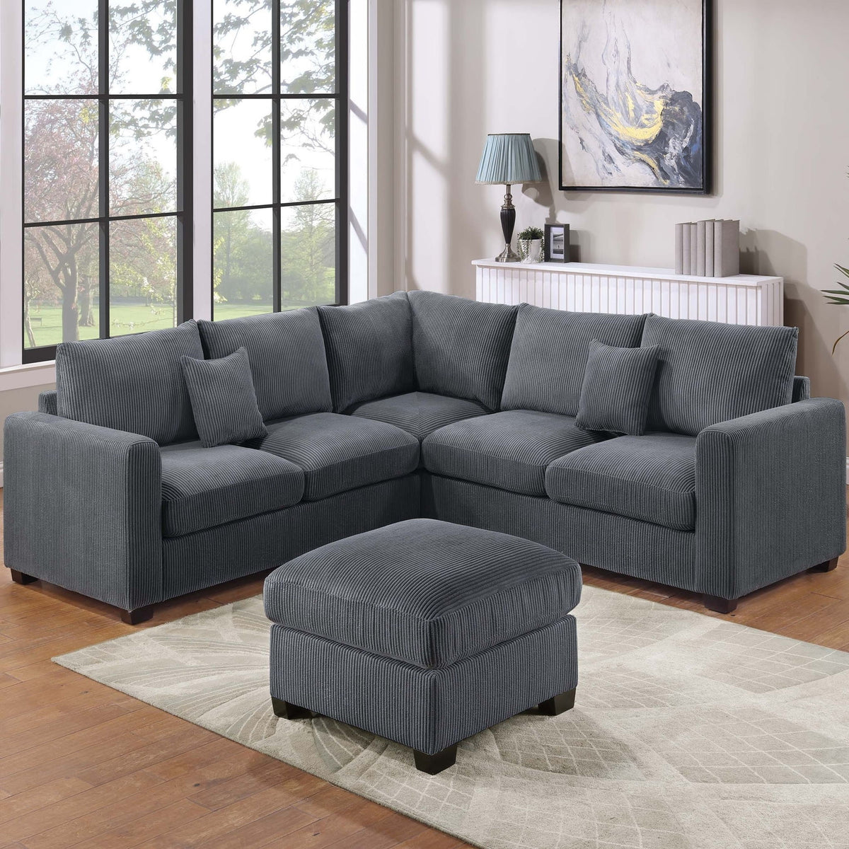 Conjunto de sofá seccional en forma de L de estilo moderno con otomana
