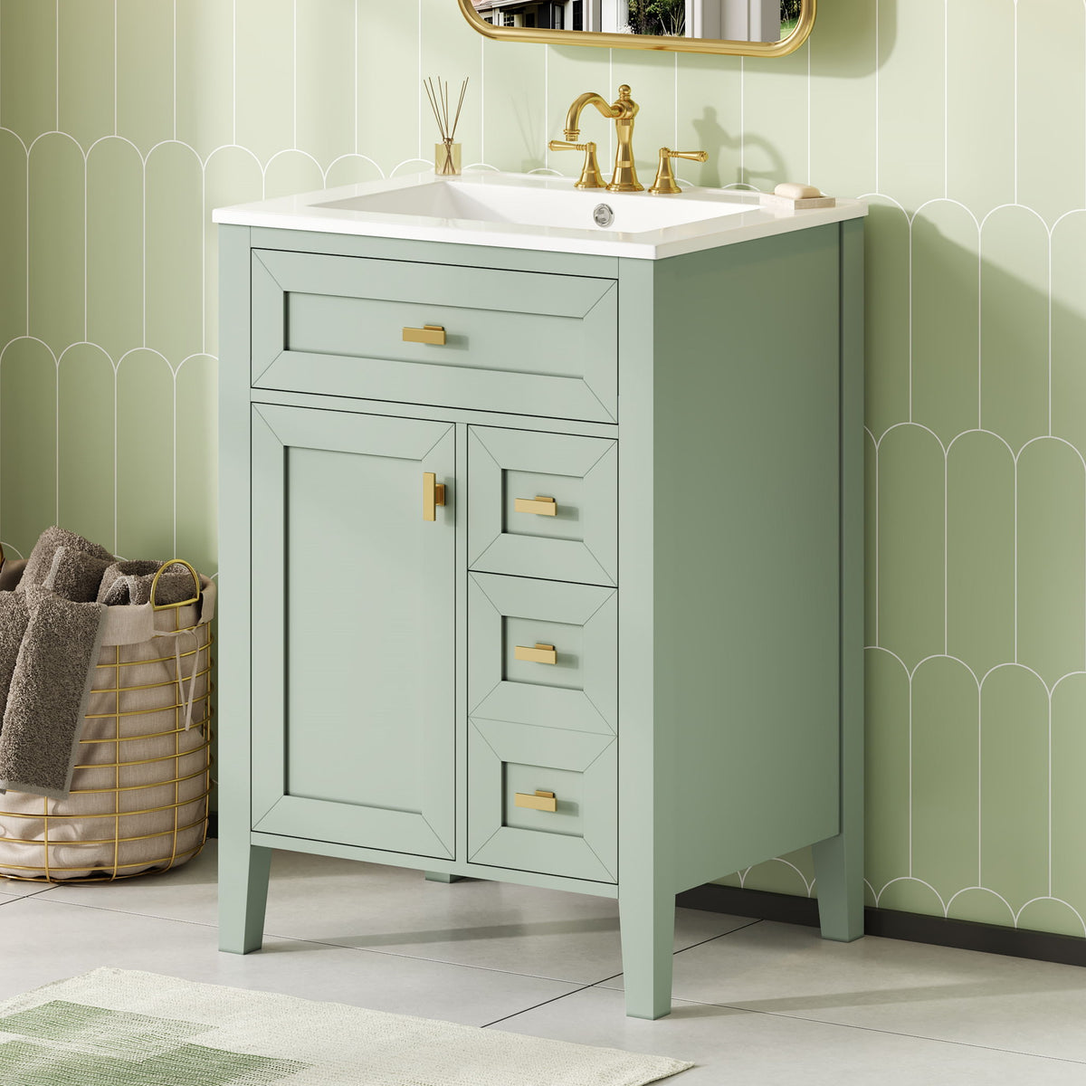 Tocador de baño con lavabo, 3 cajones y gabinete con estante de almacenamiento de 2 niveles en la puerta, puertas y cajones con cierre suave