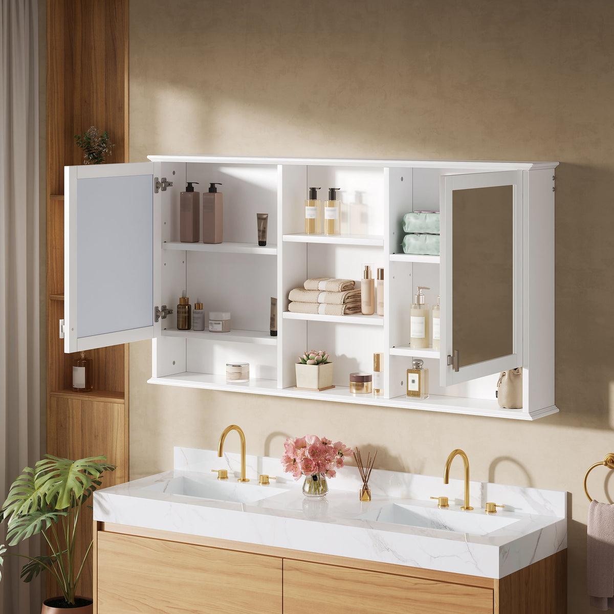Armario con espejo para pared con estantes ajustables - Blanco