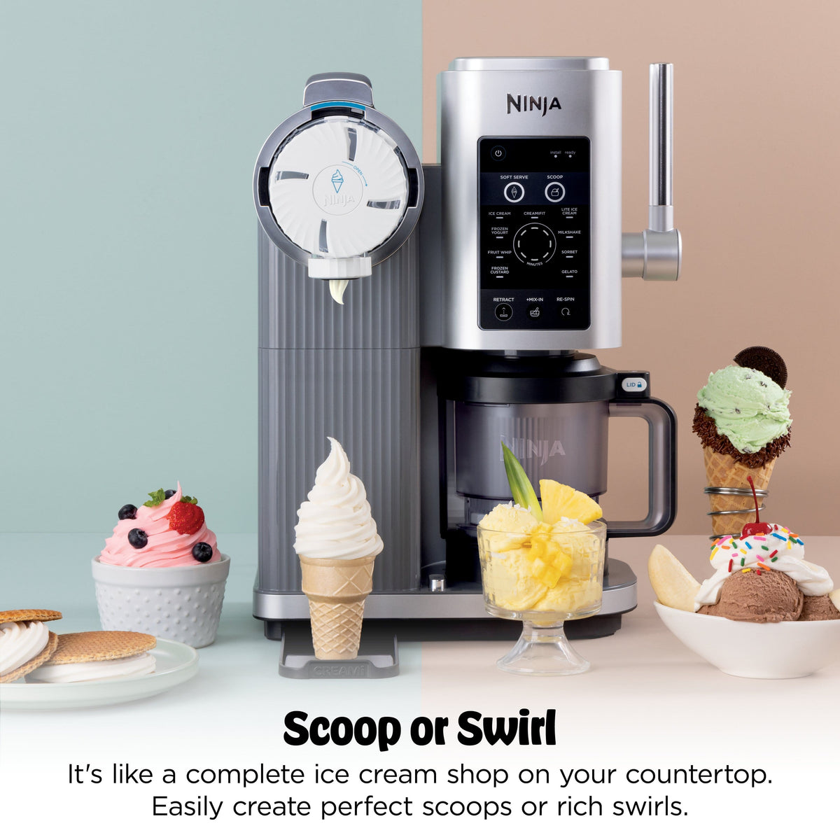 Ninja - CREAMi Scoop & Swirl Ice Cream & Soft Serve Maker, 13 One-Touch Programs, Fruit whip, Frozen custard, Gelato - Silver