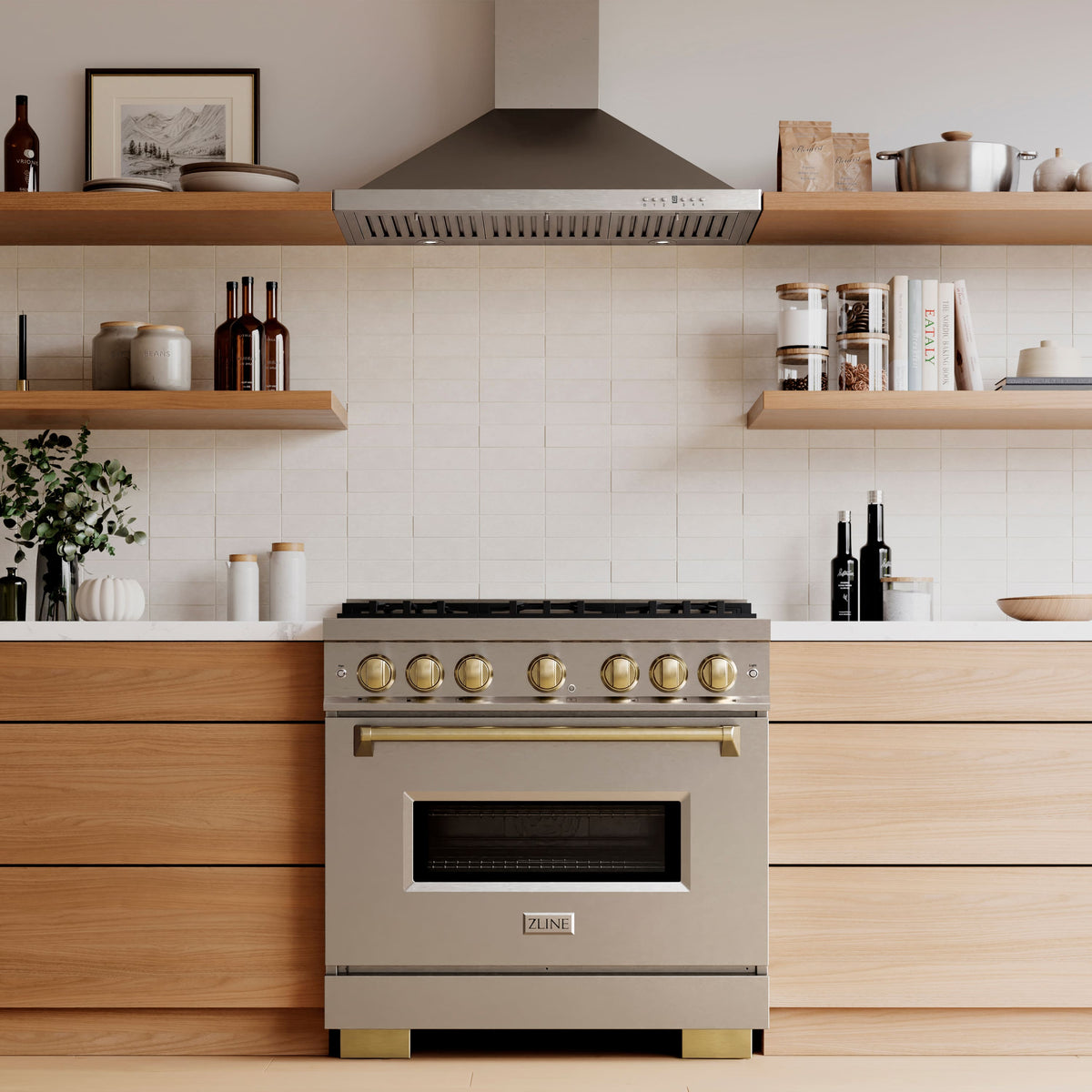 ZLINE - Autograph 36 in. 5.2 cu. ft. Classic Freestanding DuoPro Gas Range with Convection Oven & Champagne Bronze Accents - Stainless Steel