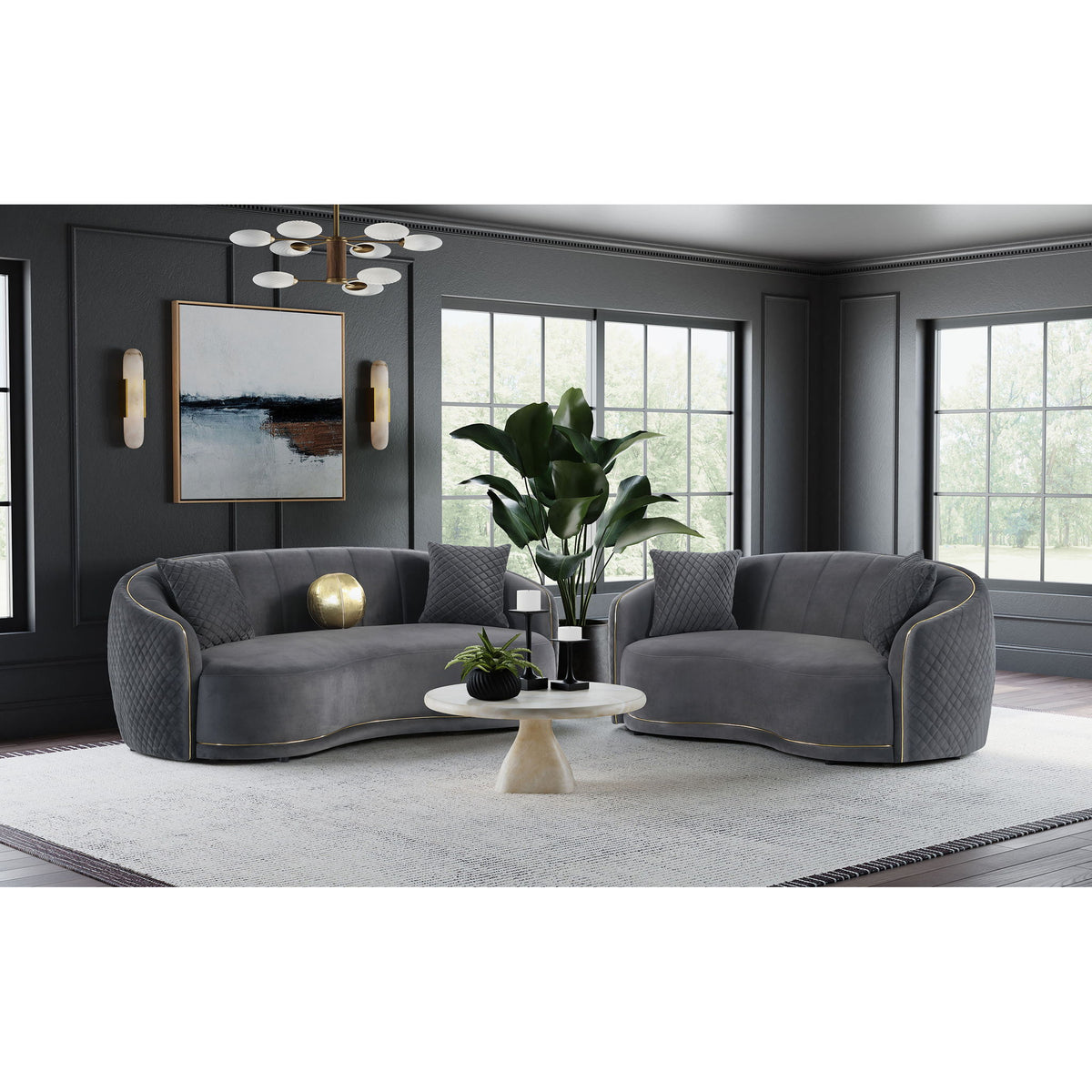 Lorraine - 2 Piece Upholstered Sofa Set With Tufting Trim - Dark Gray