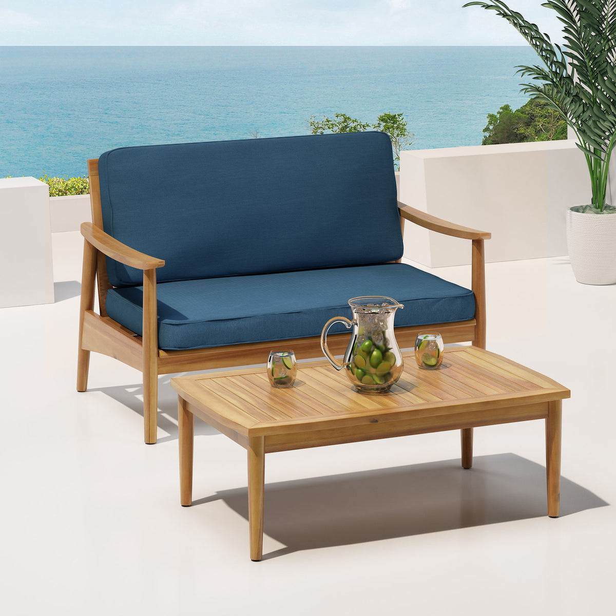 Outdoor Acacia Wood Loveseat Set With Coffee Table