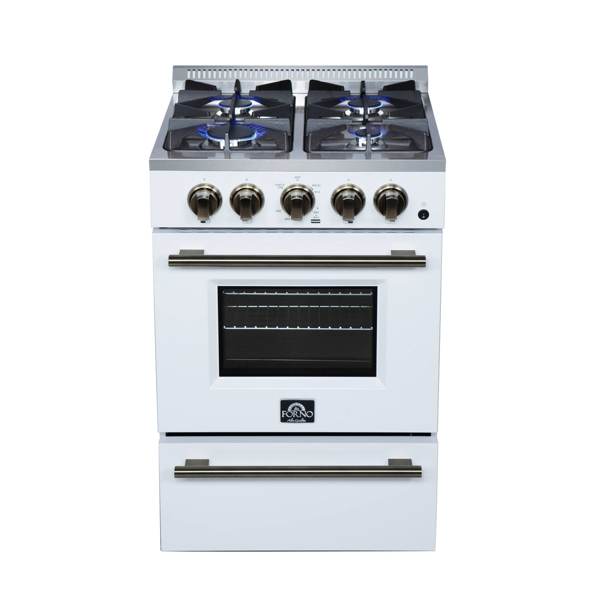 Forno Appliances - 24 in. Wide 4 burner Breno 2.3 Cu. Ft. Freestanding Gas Range with Antique Brass Accents - White