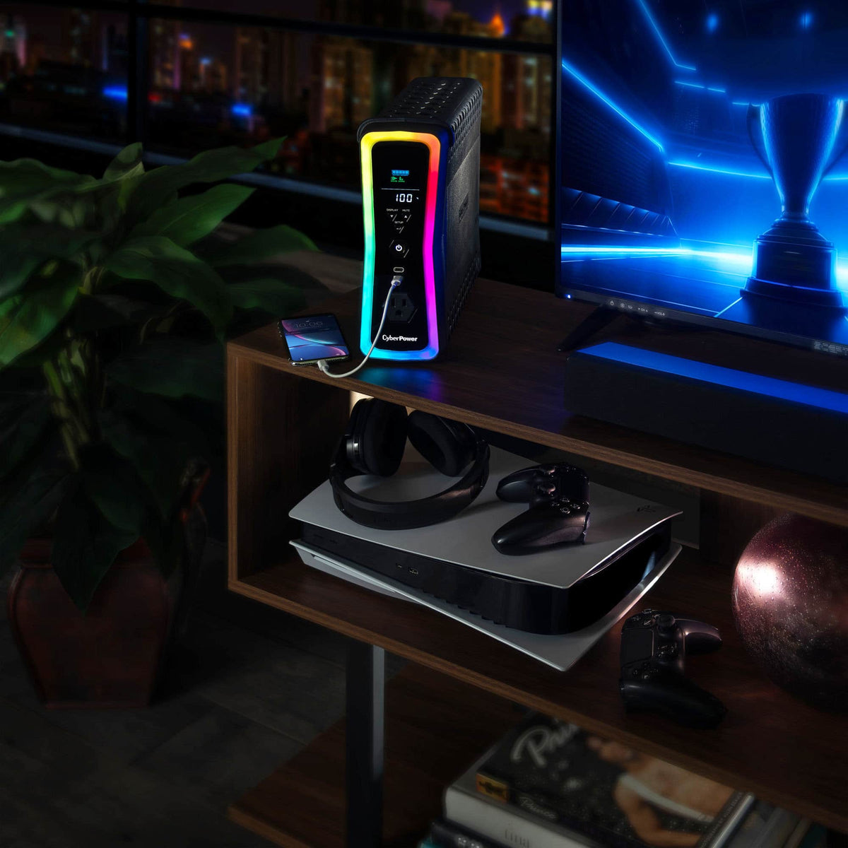 CyberPower - GX150C2 Gaming UPS Battery Backup with RGB Lighting, Sine Wave Output, and USB Charging Ports - Black