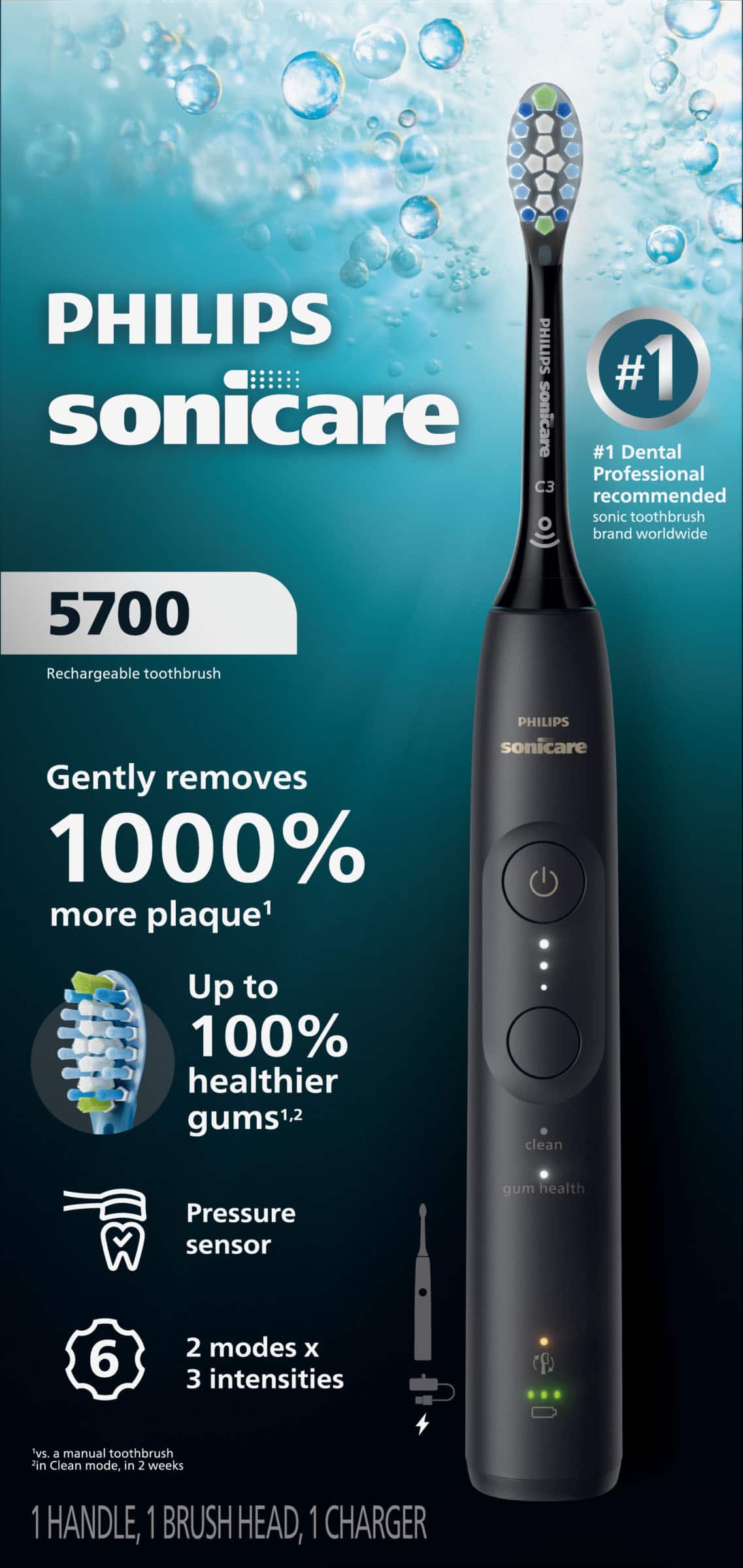 Philips Sonicare - 5700 Electric Toothbrush - Next-Generation Sonicare Technology, Pressure Sensor, 6 Brushing Settings - Black
