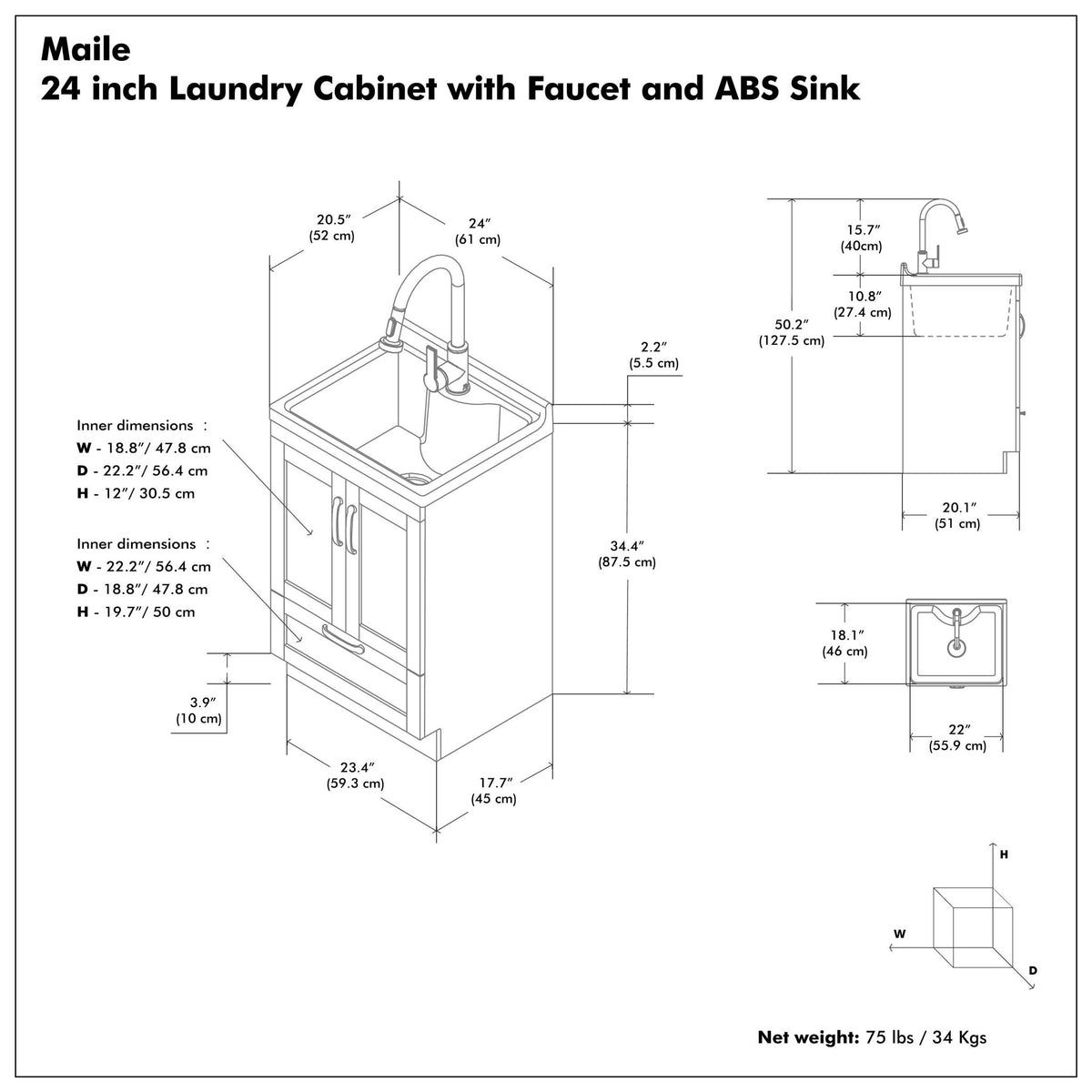Maile - Fregadero para lavadero todo en uno con mueble