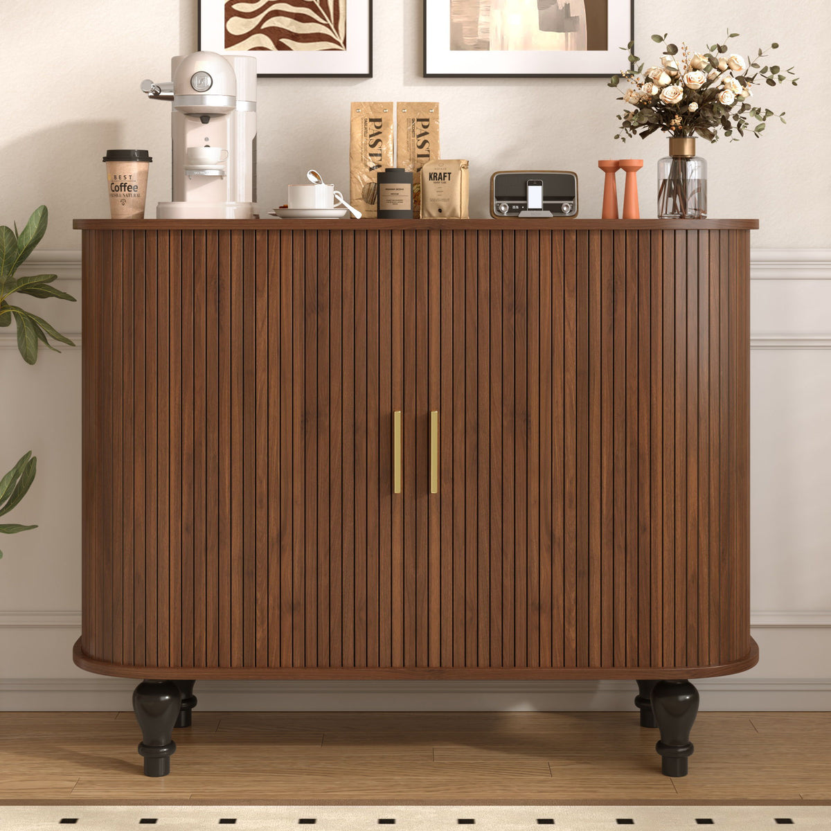 Mueble bar estriado para licores y café con 6 botelleros y 3 soportes para copas