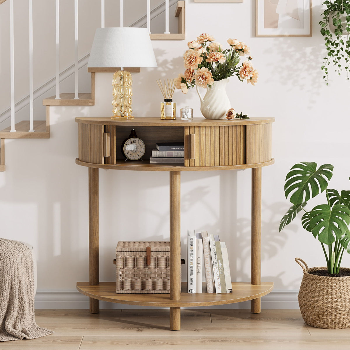 Mesa Consola Media Luna para Sala de Estar - Nogal