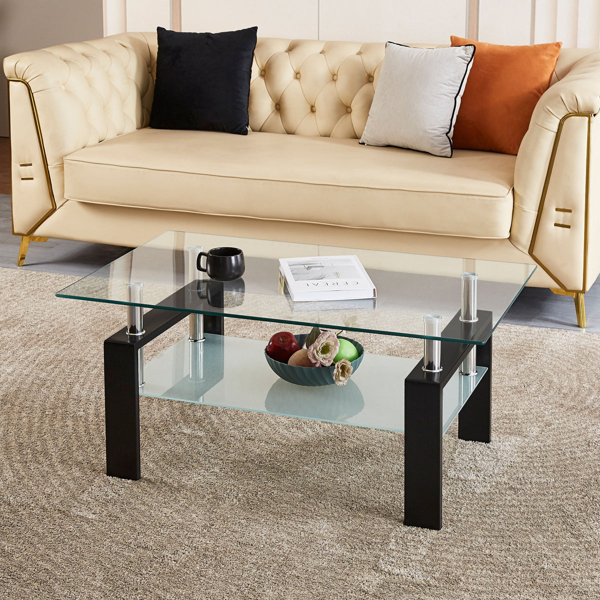 Mesa de centro moderna de lujo de vidrio templado con 2 niveles
