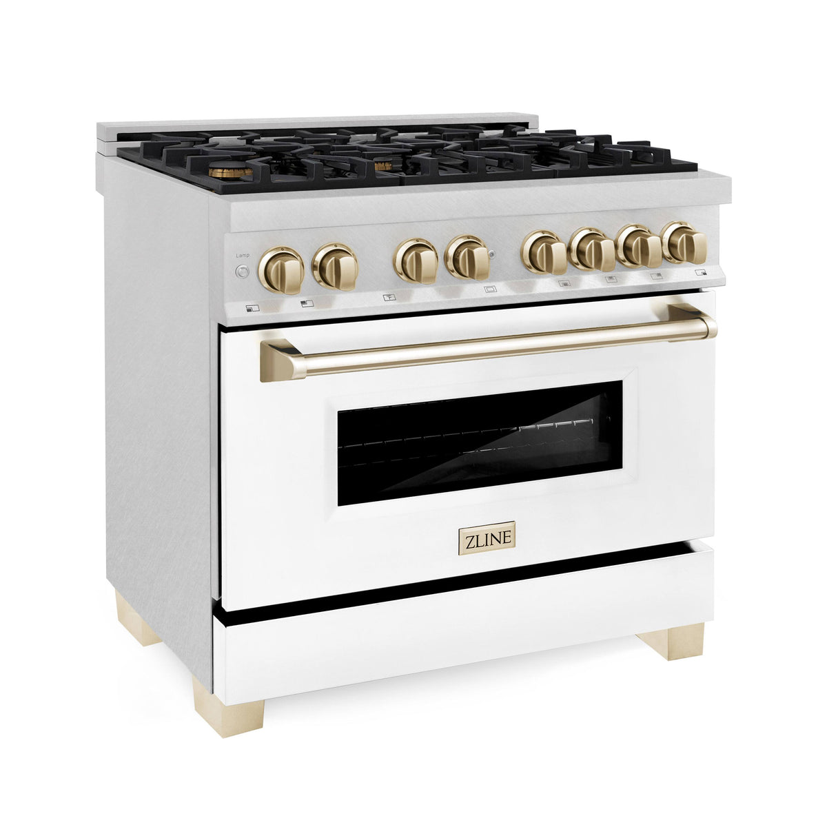 ZLINE - 36 in. Wide 6 Burner Autograph Legacy Dual Fuel Range in Satin Steel w/ White & Gold Accents (RASZ-WM-36-G) - Stainless Steel