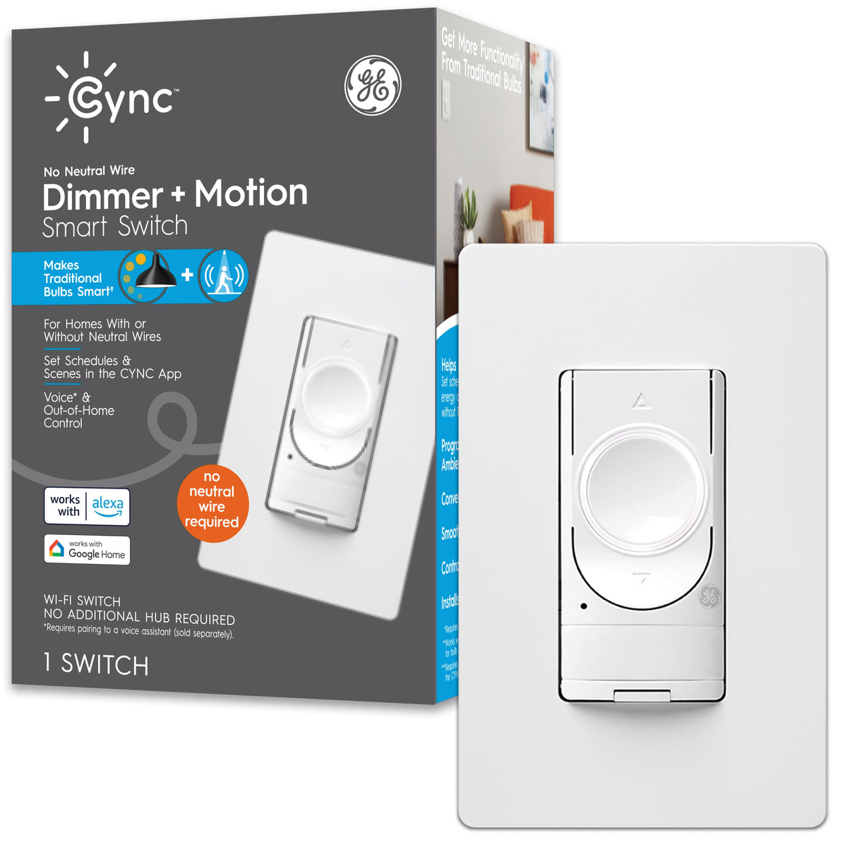 Cync - Smart Dimmer + Motion Sensor Switch, No Neutral Wire Required, Bluetooth and 2.4 GHz Wifi - White