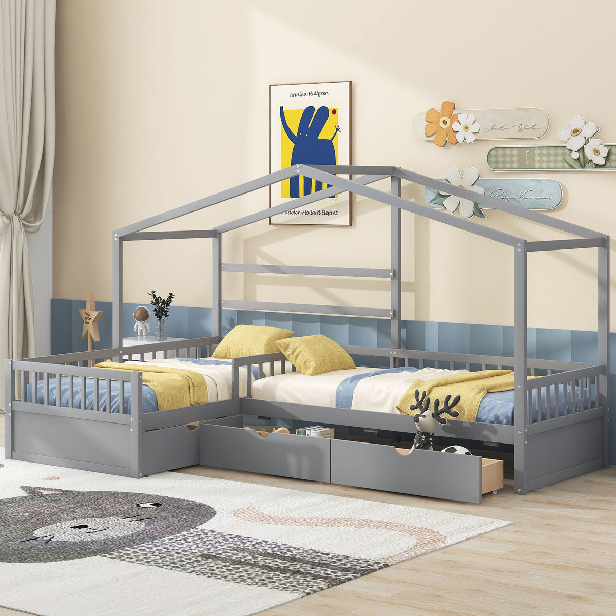L Shape Platform Bed With 3 Storage Drawers