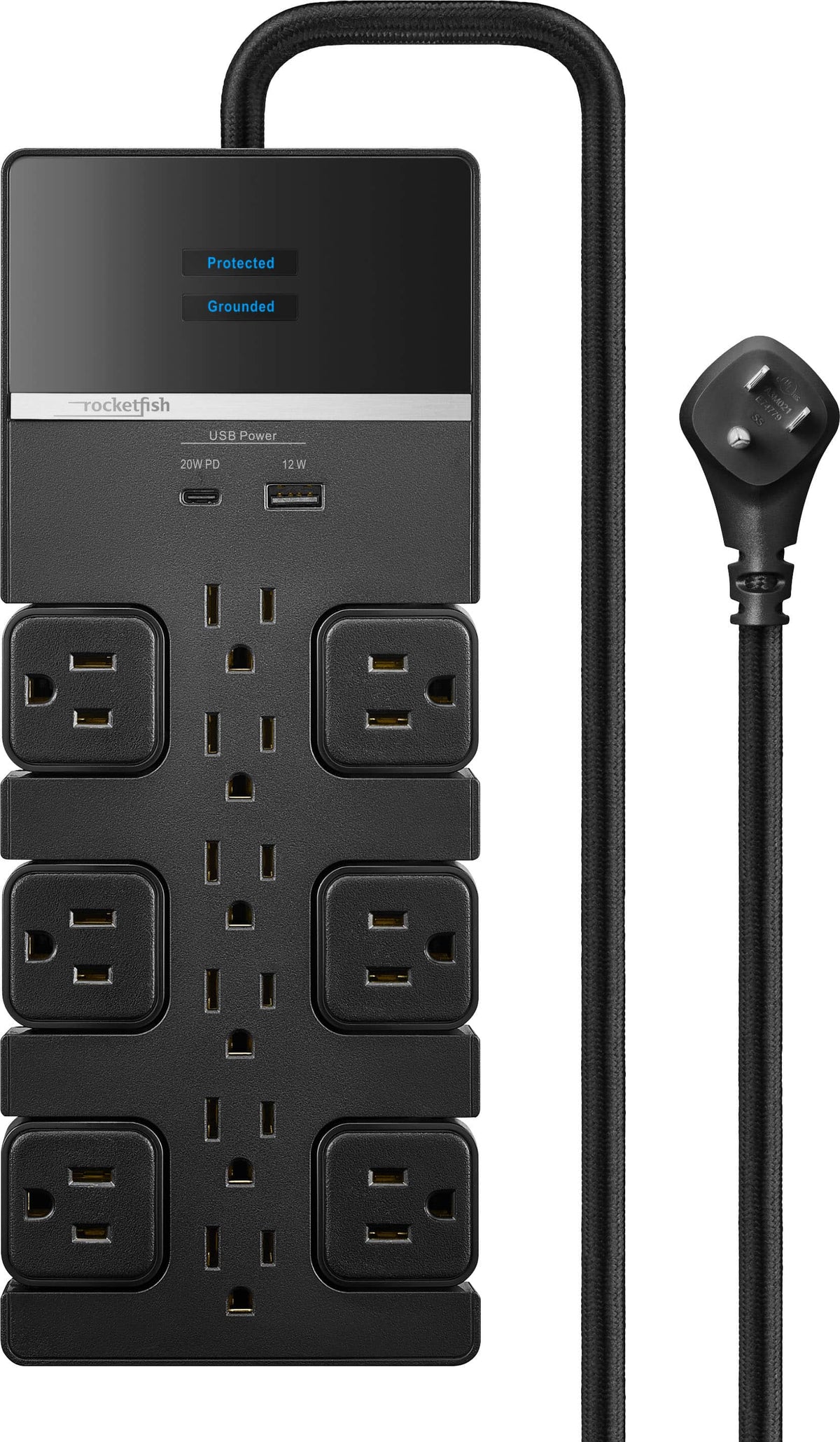 Rocketfish™ - 12-Outlet 4680 Joules Surge Protector with USB and USB-C - Black
