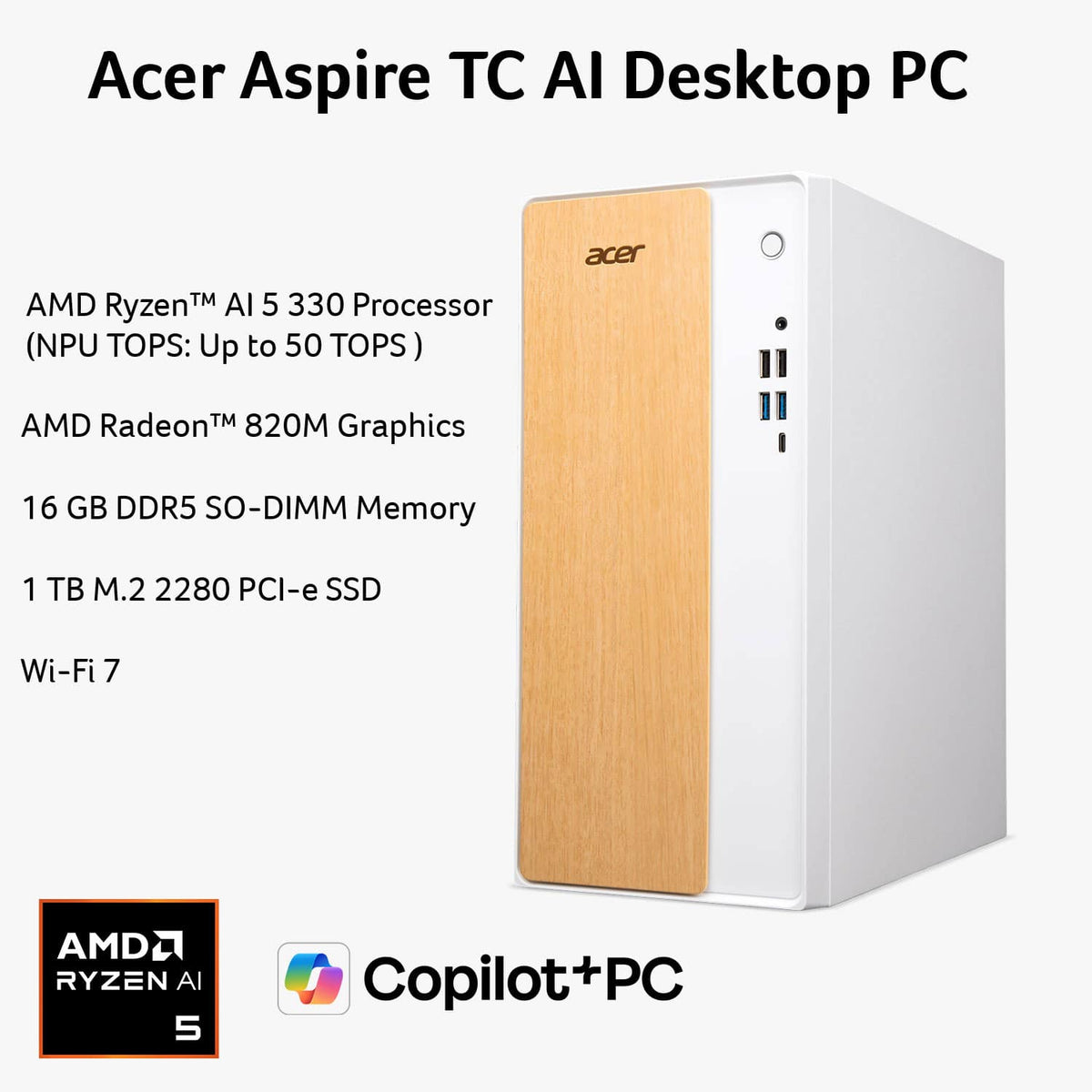 Acer - Aspire TC AI Tower Desktop - AMD Ryzen AI 5 330 2025 - 16GB DDR5 Memory – 1TB Storage - Copilot+ PC - White
