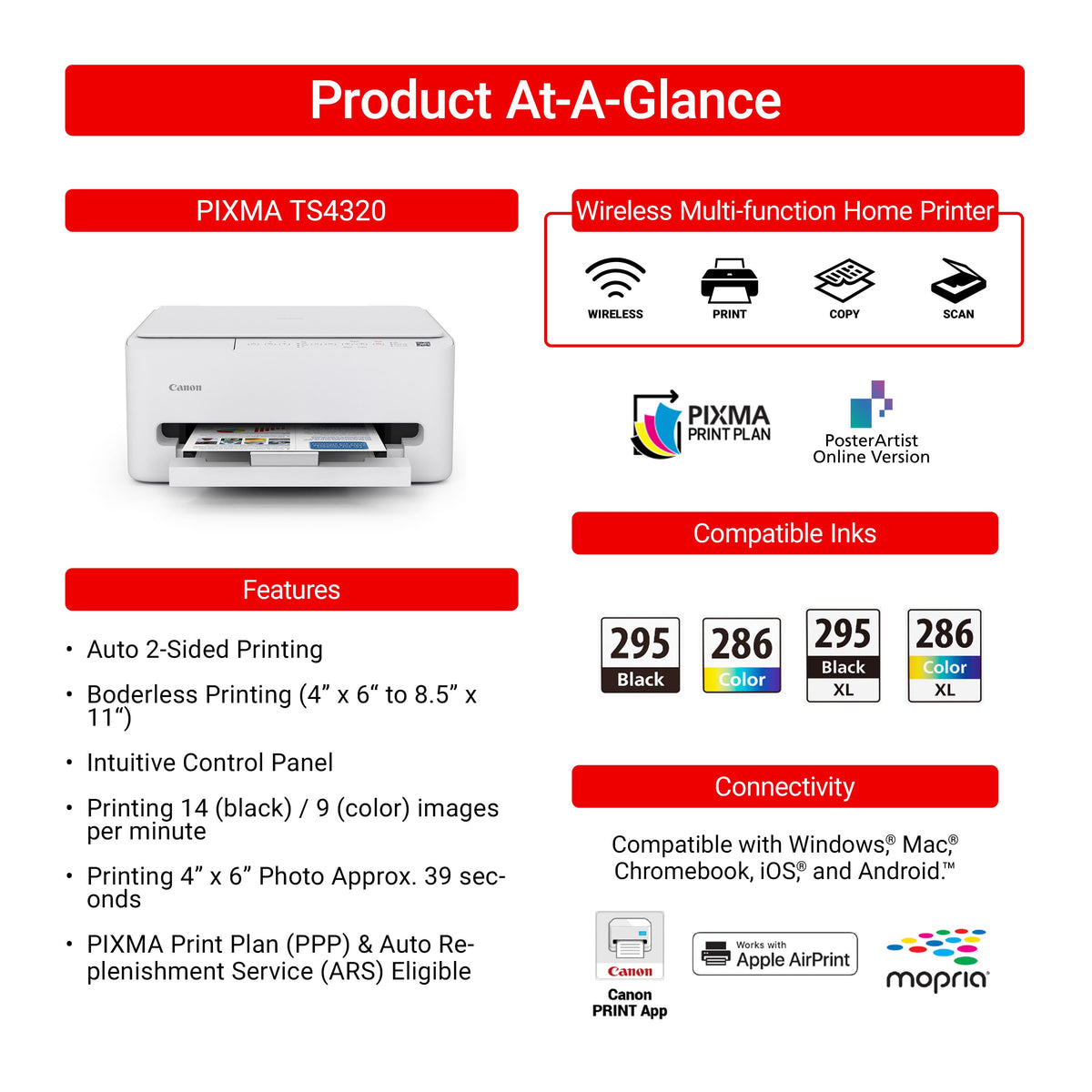 Canon - PIXMA TS4320 Wireless All-In-One Inkjet Printer - White