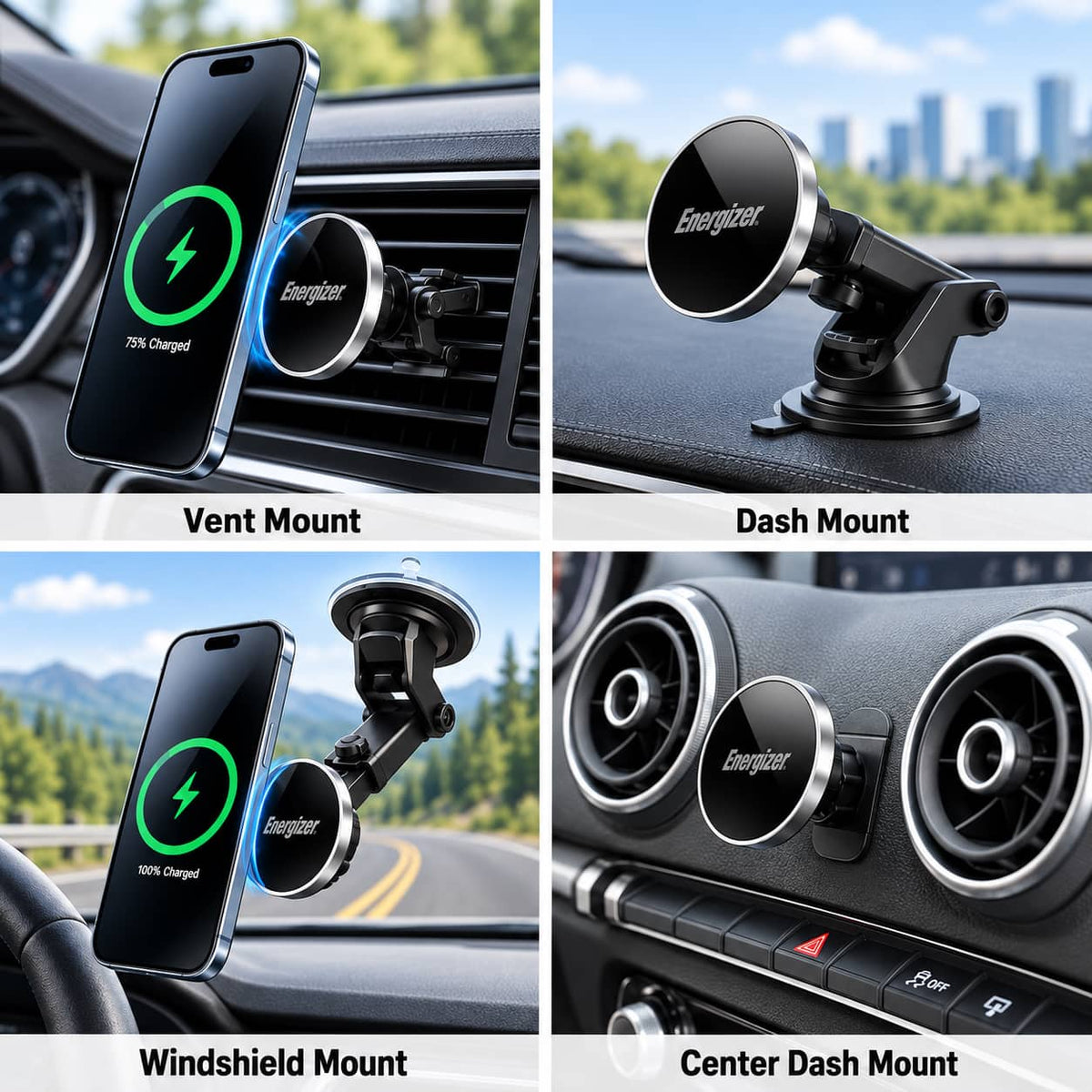 Energizer - Ultimate 15W MagSafe Magnetic Universal 3-in-1 Wireless Car Charger/Mount with Vent, Dash and Windshield Mounts Included - Silver