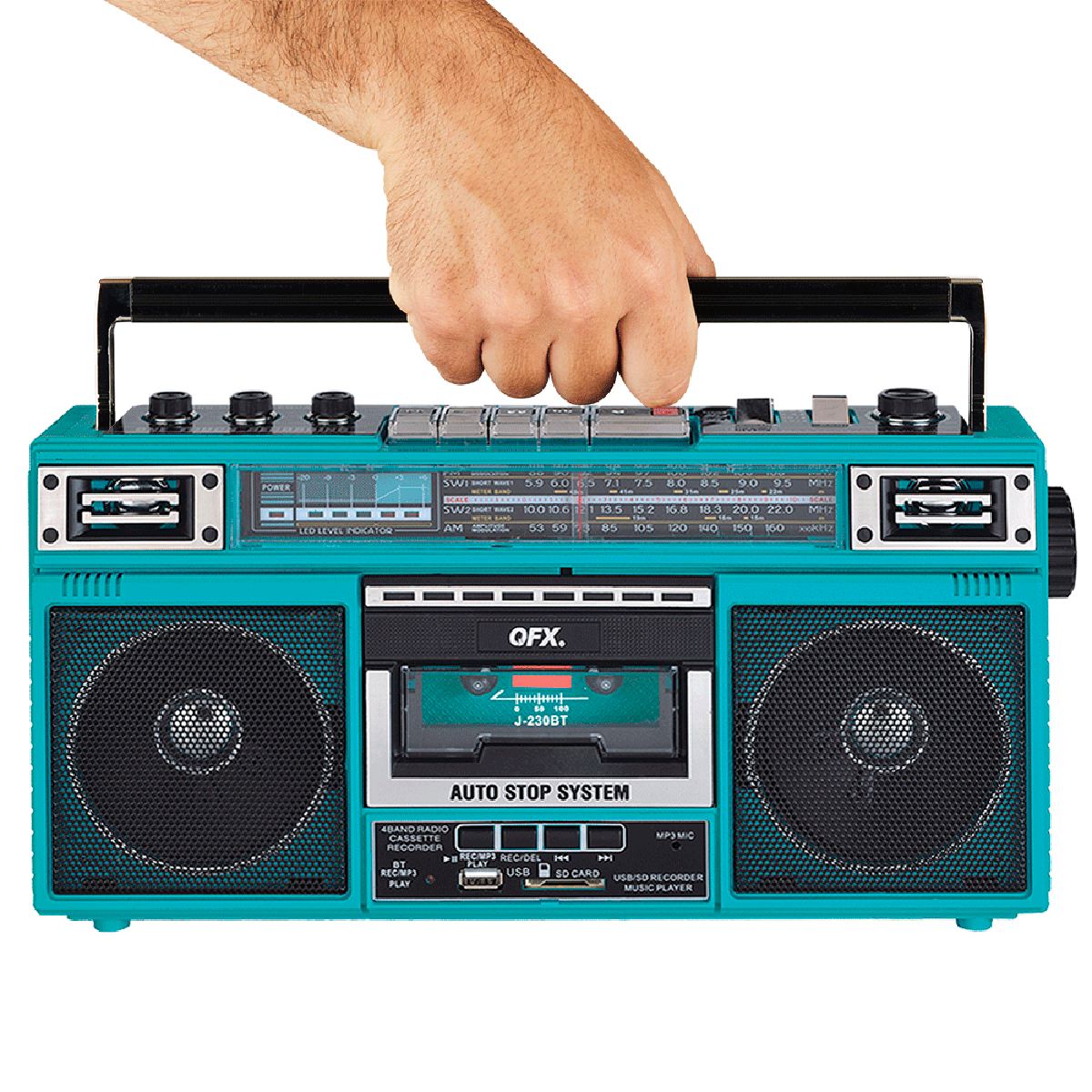 QFX - RECHARGEABLE CASSETTE AM/FM/SW1-2 RADIO BLUETOOTH BOOMBOX WITH USB RECORDING - Turquoise