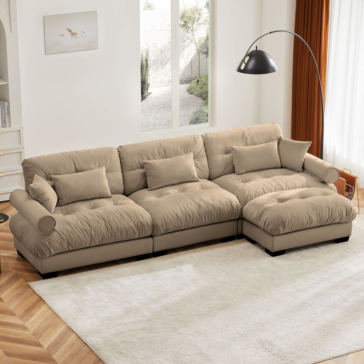 Modern Sectional Sofa With Ottoman, Round Bolster Armrests, Waist And Throw Pillows