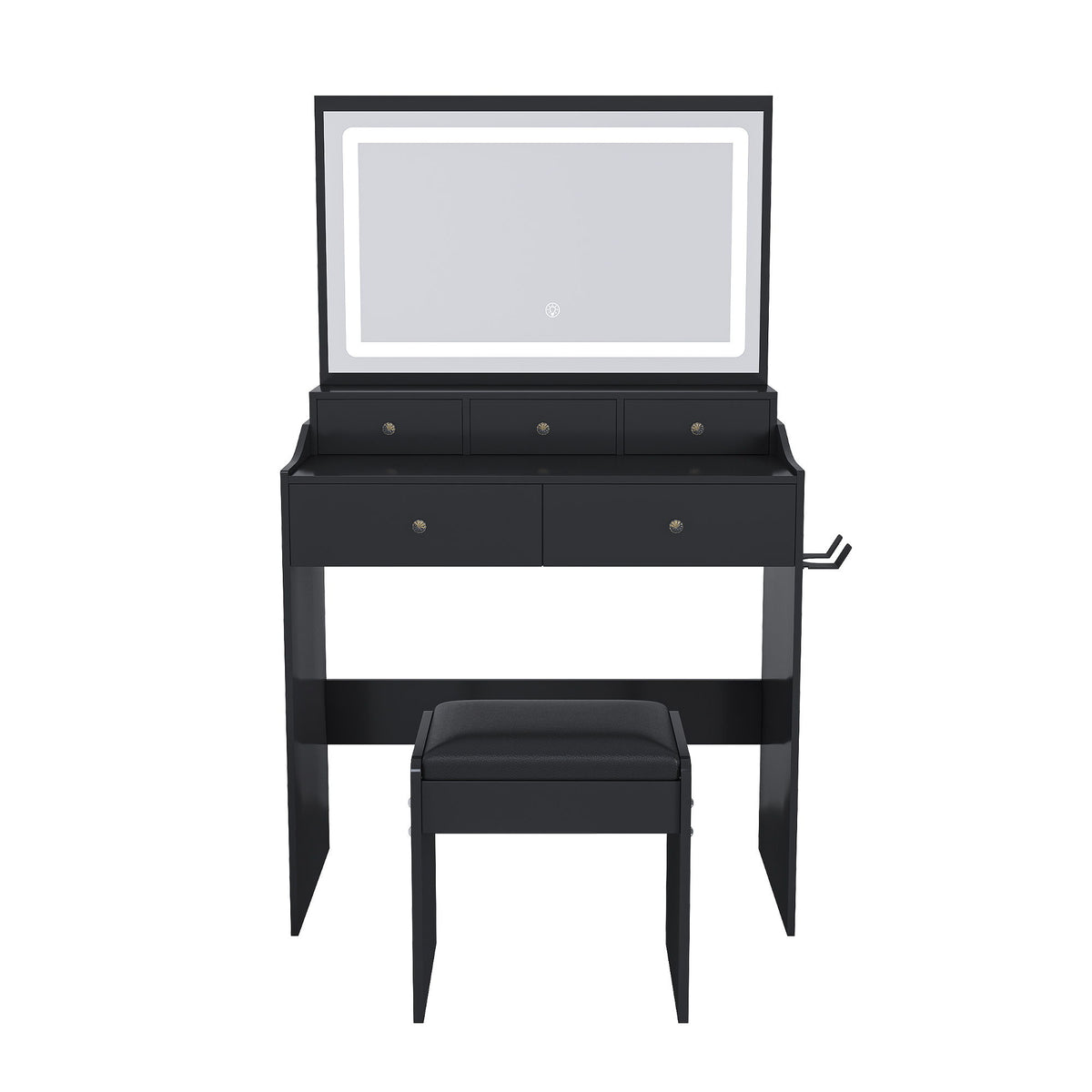 Modern Makeup Vanity Set With Power Outlet, Hair Dryer Holder, And Adjustable Lighting